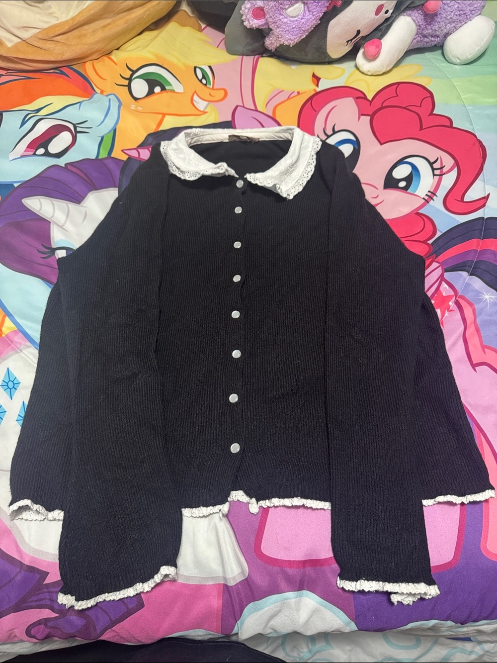 Black Button-Up Sweater with Lace Collar